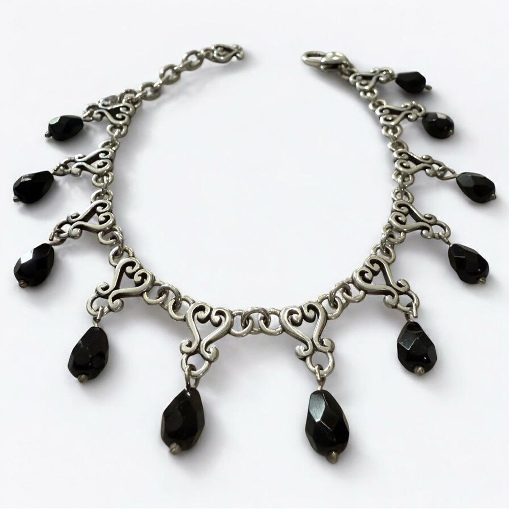 Vintage Silver Scroll Link Bracelet w/ Black Glass Charms | Gothic Romantic